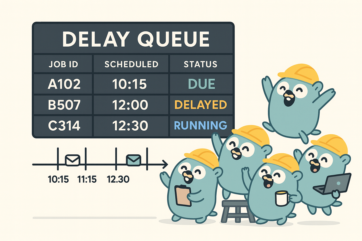 Illustration of a delay queue dashboard showing scheduled jobs with different statuses and workers processing them on a timeline