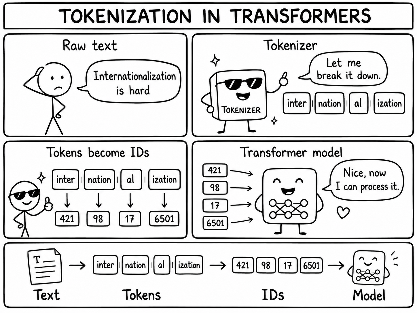 Hand-drawn comic of tokenization in transformers: raw text is broken into subword tokens, tokens become IDs, and the transformer model processes the IDs